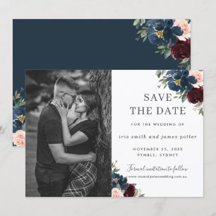Convite Burgundy Navy Blush Floral Foto Salve a Data