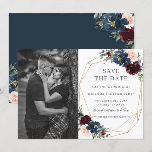 Convite Burgundy Navy Blush Floral Foto Salve o Dia