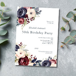 Convite Burgundy Navy Creme Floral Aquarela 50 Aniversário
