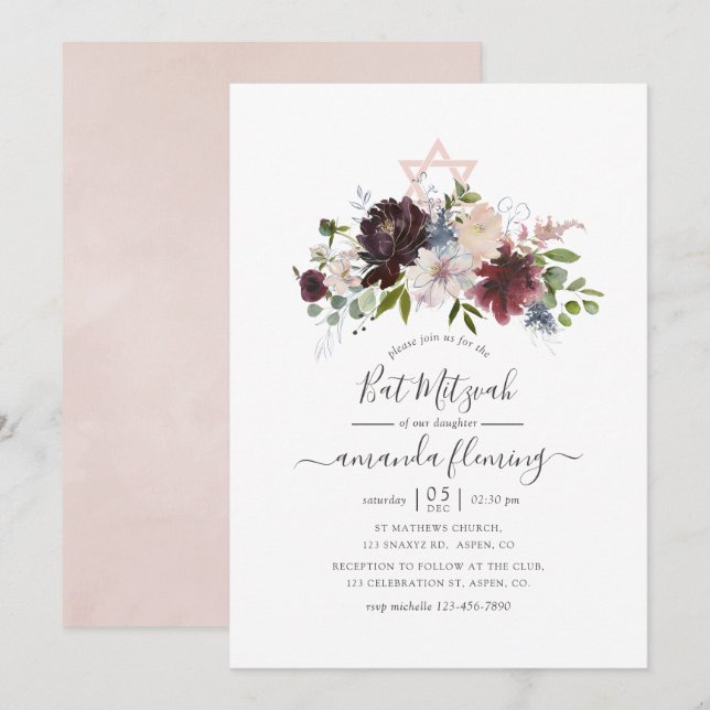 Convite Burgundy, Navy e Blush Bat Mitzvah (Frente/Verso)