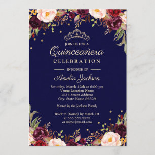Convite Burgundy Navy Elegante Quinceanera Floral