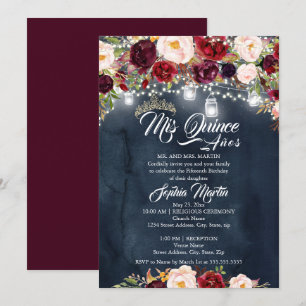 Convite Burgundy Navy Floral Lights Quinceanera