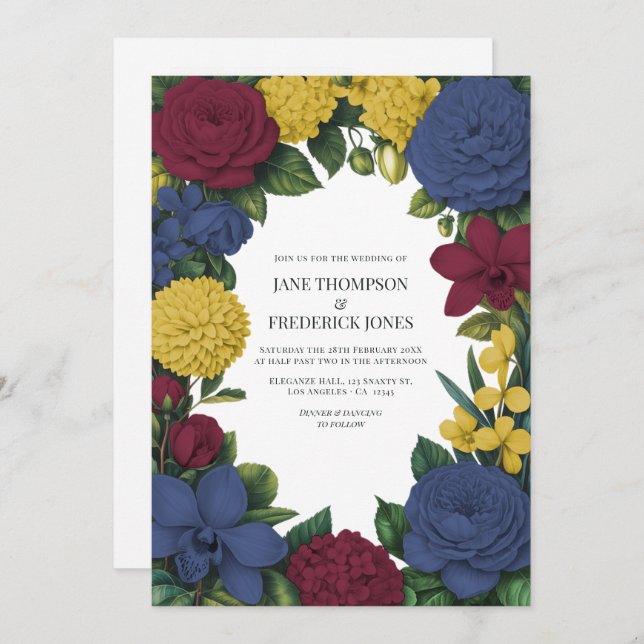 Convite Burgundy, Navy & Gold Floral Wedding (Frente/Verso)