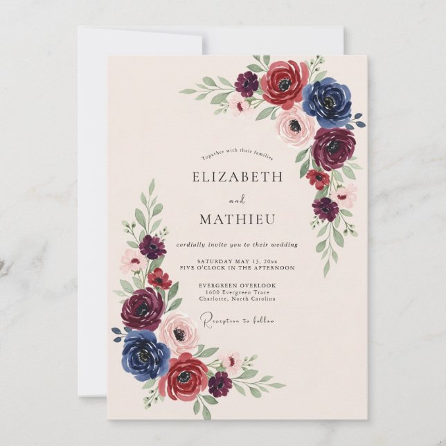 Convite Burgundy Navy Opulent Winter Wedding (Frente)