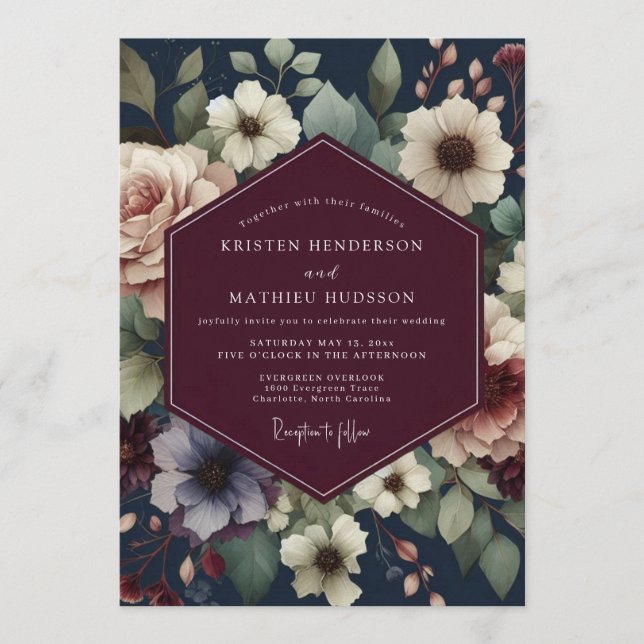 Convite Burgundy Navy Painterly Bloom Wedding (Frente)