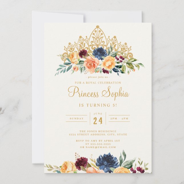 Convite Burgundy Navy Princesa Floral Tiara Aniversário (Frente)