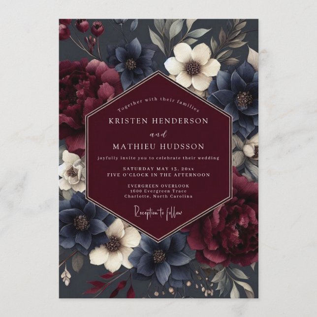 Convite Burgundy Navy Somber Flora Wedding (Frente)
