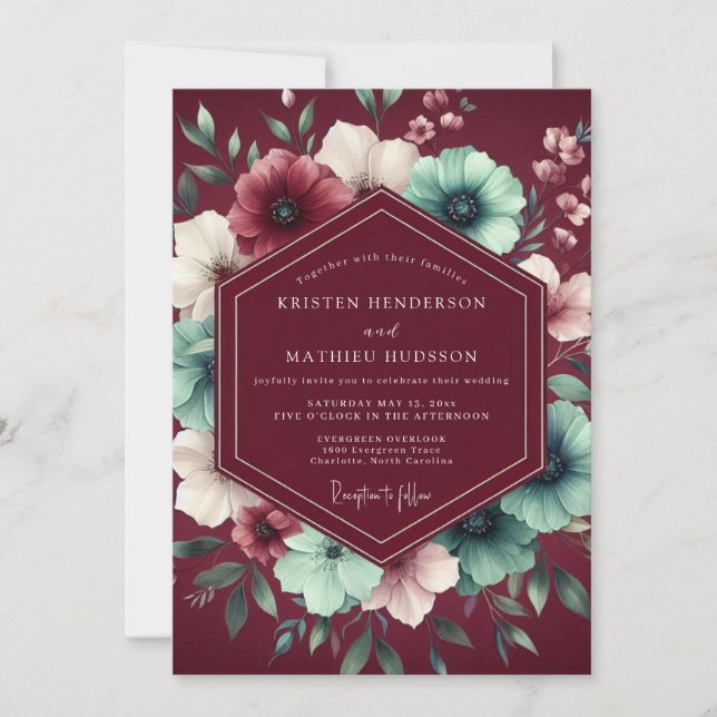 Convite Burgundy Nocturne Botanical Wedding (Frente)