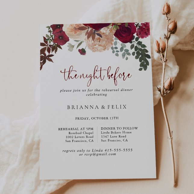 Convite Burgundy Noite Floral Antes Do Janto De Ensaio (Criador carregado)