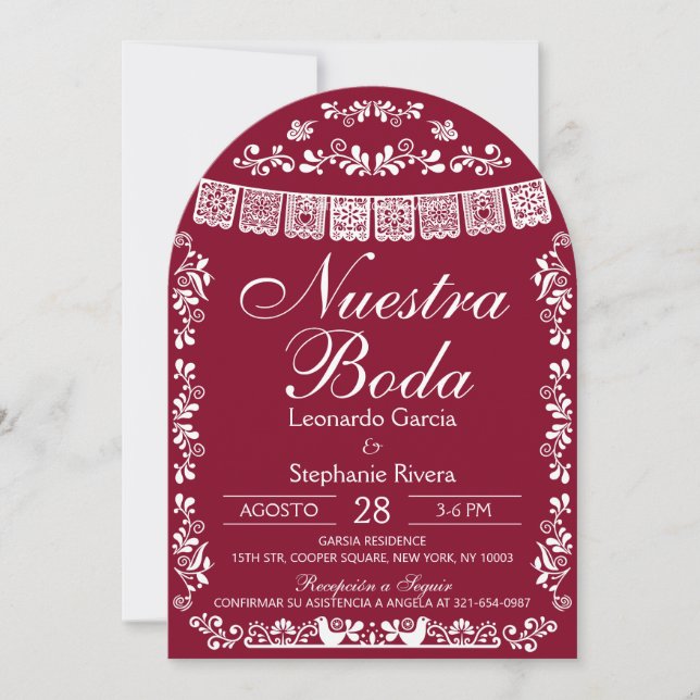 Convite Burgundy Nuestra Boda Papel Picado Spanish Wedding (Frente)