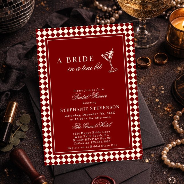 Convite Burgundy Old Money Checkered Martini Bridal Shower (Criador carregado)