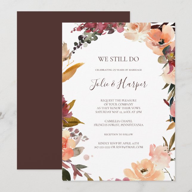 Convite Burgundy Orange Floral Ainda Fazemos Vow Renewer (Frente/Verso)