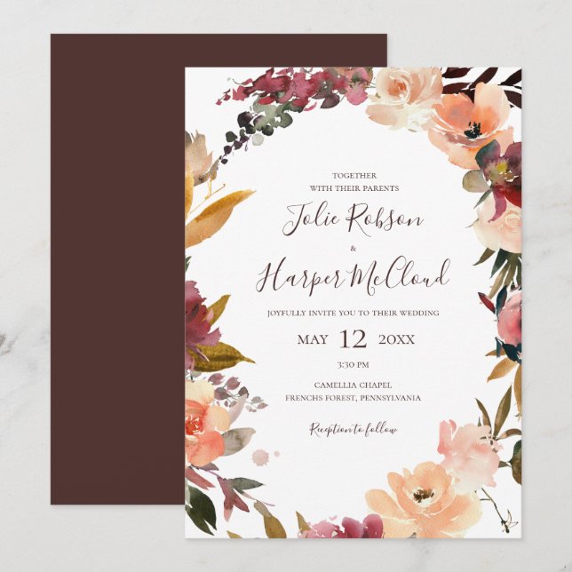 Convite Burgundy Orange Floral Casual Invitation (Frente/Verso)