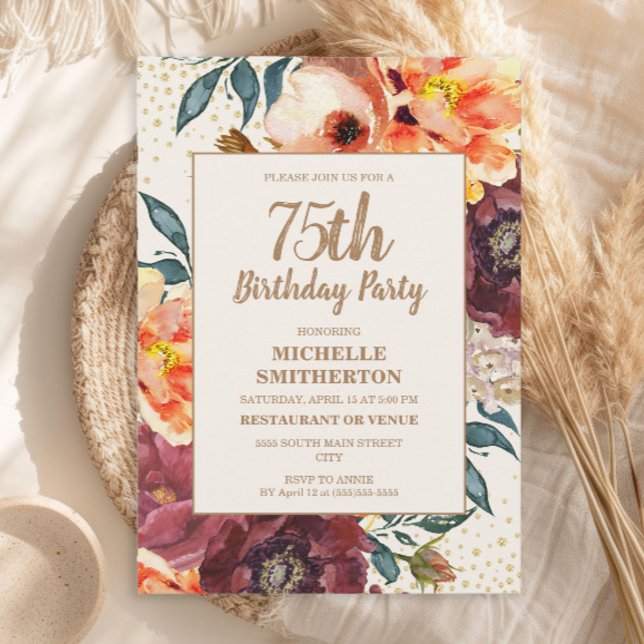Convite Burgundy Orange Floral Dourada Glitter 75º Anivers (Orange and burgundy watercolor floral and gold glitter 75th birthday party invitation)