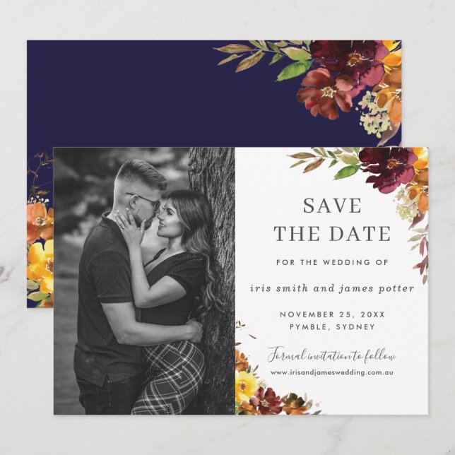 Convite Burgundy Orange Floral Photo Save the Date Card (Frente/Verso)