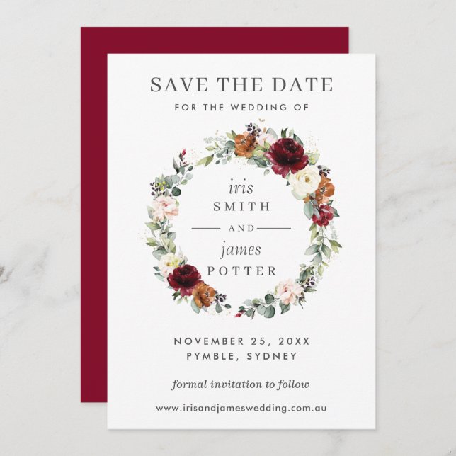 Convite Burgundy Orange Floral Weding the Date Card (Frente/Verso)