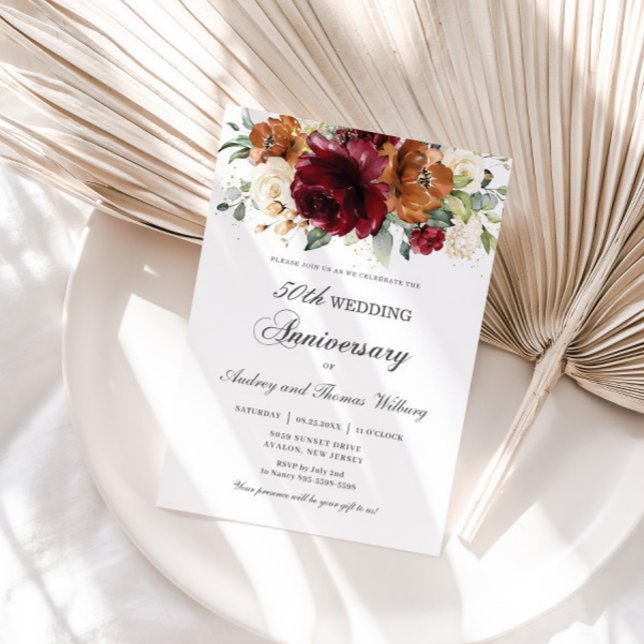 Convite Burgundy Orange Ivory Floral Casamento Aniversário (Criador carregado)