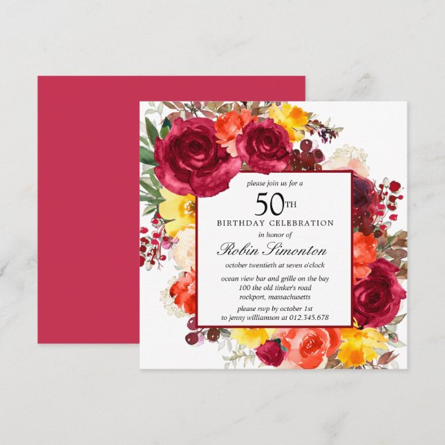 Convite Burgundy Orange Yellow Floral 50th Birthday (Frente/Verso)
