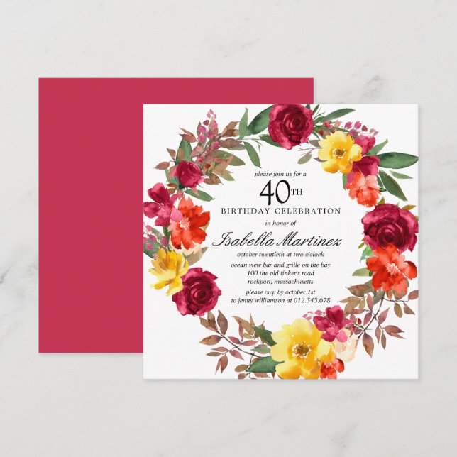 Convite Burgundy Orange Yellow Floral Wreath aniversário d (Frente/Verso)