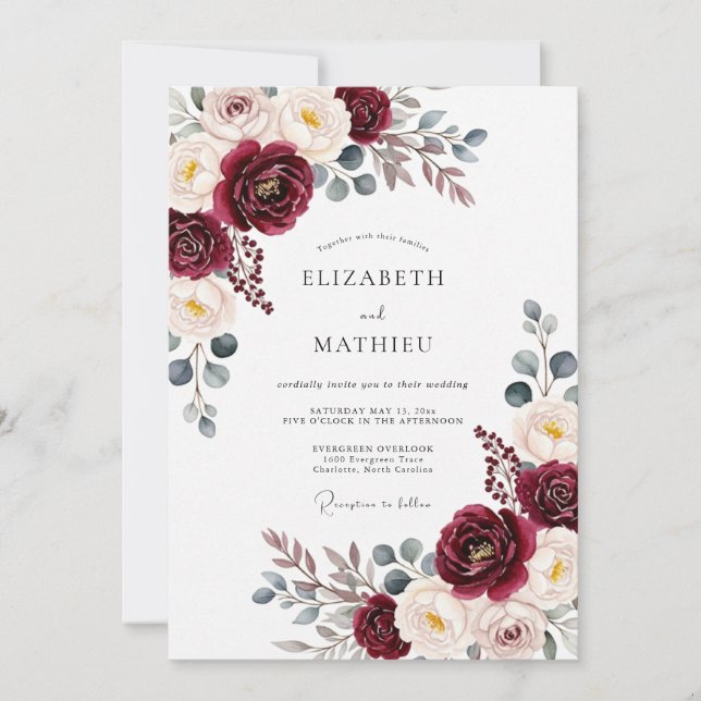 Convite Burgundy Painterly Bloom Romance Wedding (Frente)