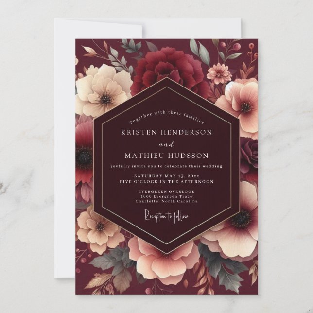 Convite Burgundy Painterly Bloom Wedding (Frente)