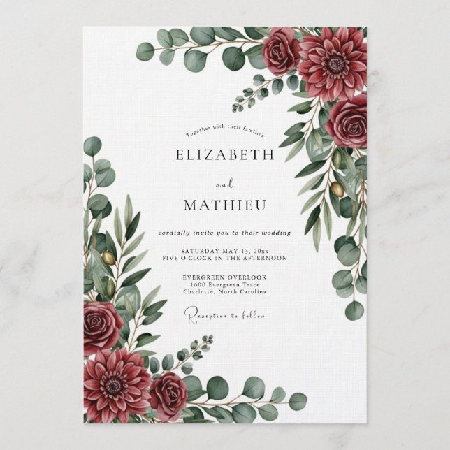 Convite Burgundy Painterly Botanical Wedding (Frente)