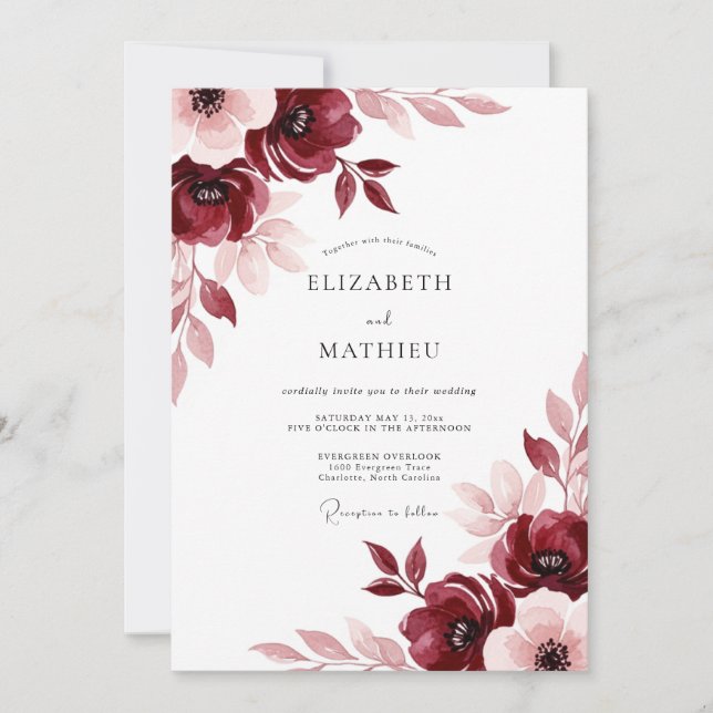 Convite Burgundy Painterly Meadow Wedding (Frente)