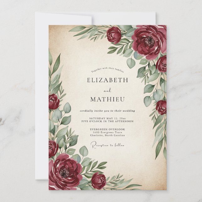 Convite Burgundy Painterly Vintage Wedding (Frente)