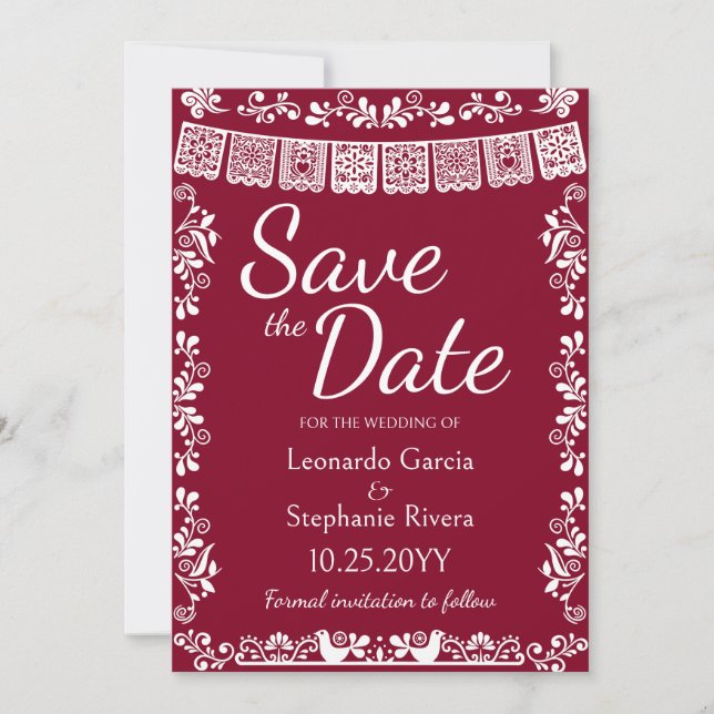 Convite Burgundy Papel Picado Casamento Salve a Data (Frente)
