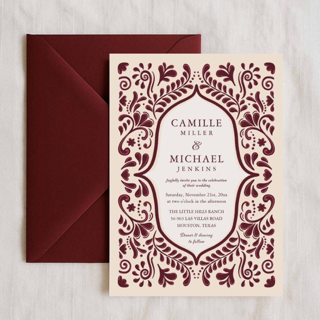 Convite Burgundy Papel Picado Mexican Wedding Invitation (Mexican Talavera Wedding Invitation)