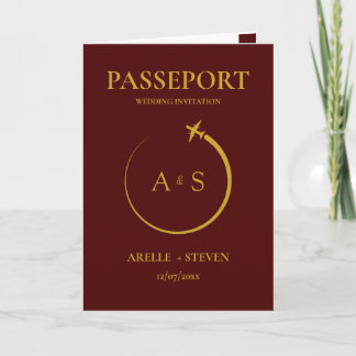 Convite burgundy Passport Destination Faux gold Wedding