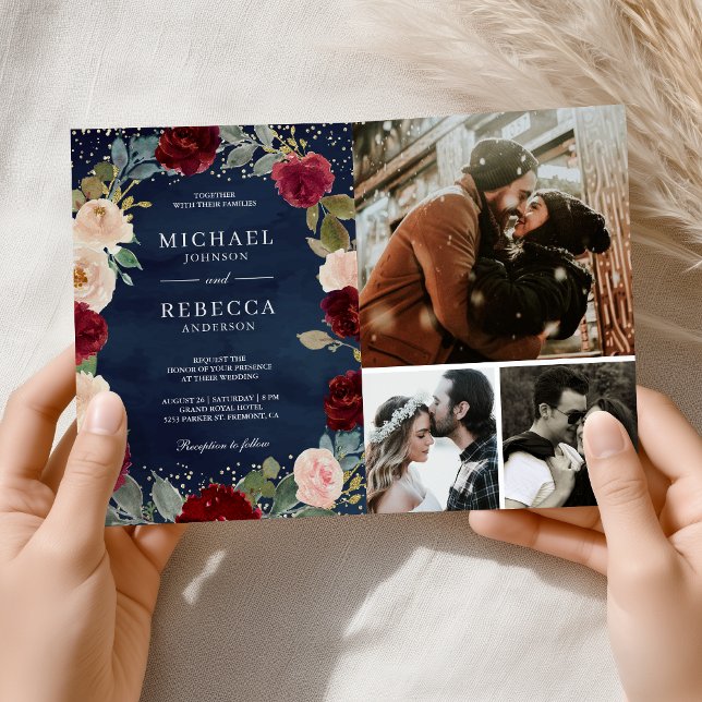 Convite Burgundy Peach Floral QR Code Navy Blue Wedding (Criador carregado)