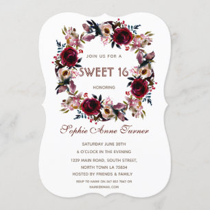 Convite Burgundy Peach Floral Sweet Partido de Dezesseis