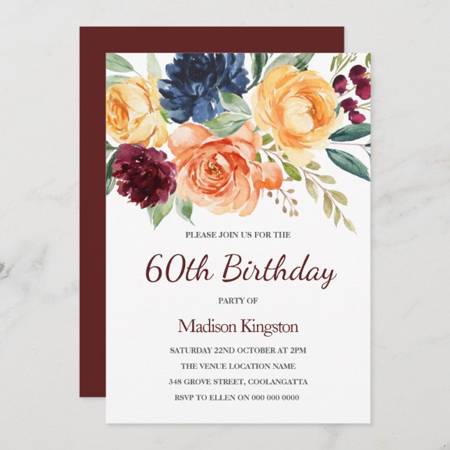 Convite Burgundy & Peach Watercolor Floral 60º Aniversário (Frente/Verso)