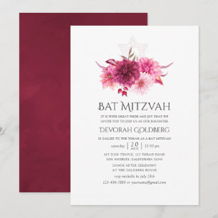 Convite Burgundy & Pink Floral em Aquarela Bat Mitzvah de