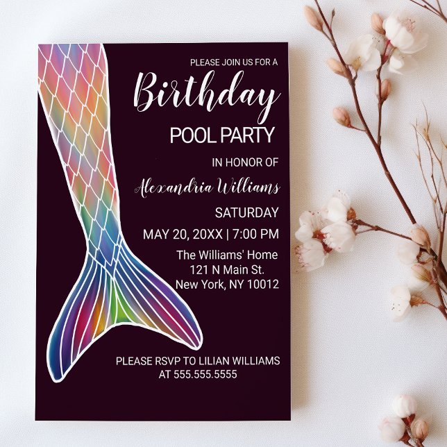 Convite Burgundy Pink Roxo Sereia Piscina Aniversário (Burgundy Pink Purple Mermaid Tail Pool Birthday)