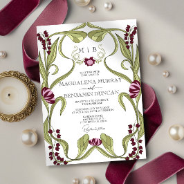 Convite Burgundy Pink Vintage Art Nouveau Floral Wedding