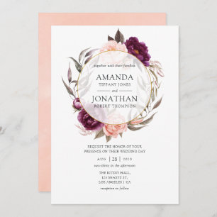 Convite Burgundy Plum e Blush Floral Casamento Geométrico