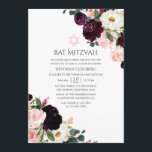 Convite Burgundy Plum e Blush Pink Bat Mitzvah<br><div class="desc">O convite de Bat mitzvah apresenta flores cor-de-rosa pincelado e flores de ameixa entorpecida.</div>