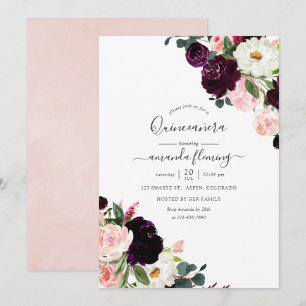 Convite Burgundy Plum e Blush Pink Floral Quinceañera