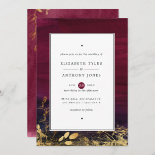 Convite Burgundy Plum e Casamento Dourado de Aquarela