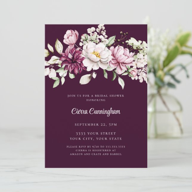 Convite Burgundy Plum Floral Bridal (Em pé/Frente)
