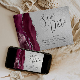 Convite Burgundy Prata Ágata Azul Marinho Save the Date