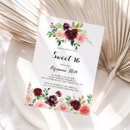 Convite Burgundy Primavera Floral Sweet 16 Festa de aniver
