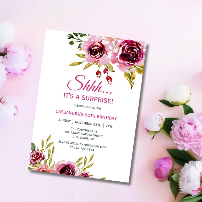 Convite Burgundy Purple Rosa Floral Surpresa Aniversário (Criador carregado)