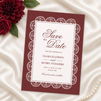 Convite Burgundy Quadro de Renda Branca Save the Date