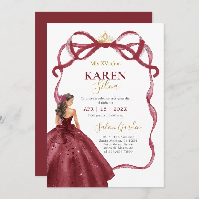 Convite Burgundy Quinceanera Invitation (Frente/Verso)