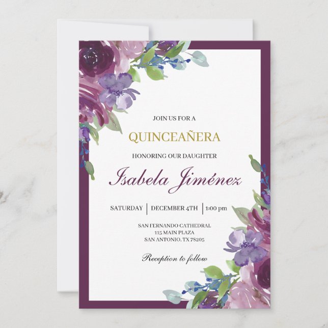 Convite Burgundy quinceañera  invitation (Frente)
