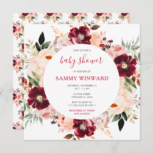 Convite Burgundy Red and Blush Pink Floral Baby Shower (Frente/Verso)