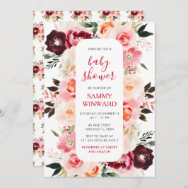 Convite Burgundy Red and Blush Pink Floral Baby Shower